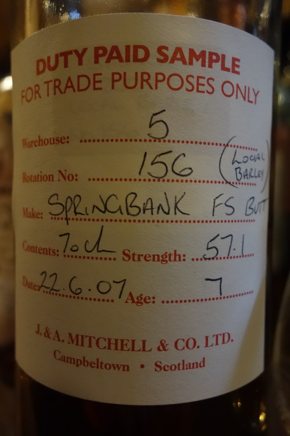 スプリングバンク SPRINGBANK 2007-2015 7yo OB? LOCAL BARLEY #156 (1)